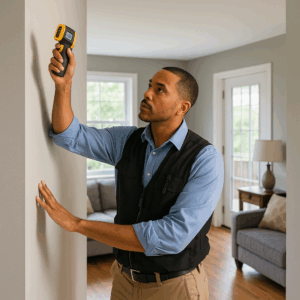 Home inspector conducting a thorough inspection of a home’s interior in Johns Creek, GA.