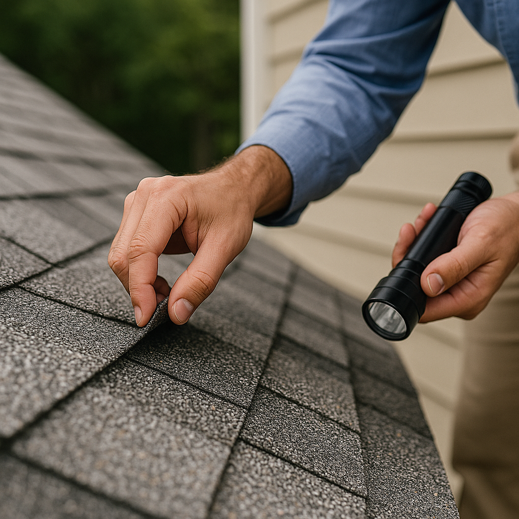 Inspecting the roof for damage during a home inspection in Johns Creek, GA.