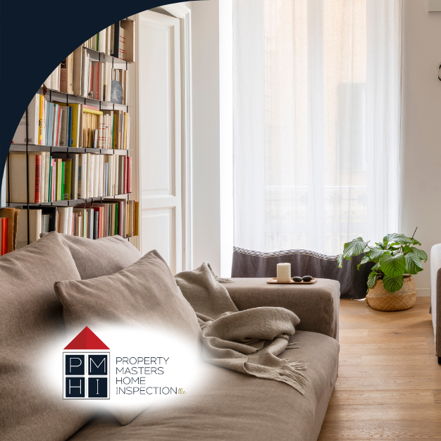 Cozy living room with neutral-toned sofas, bookshelf, and natural light from tall windows.