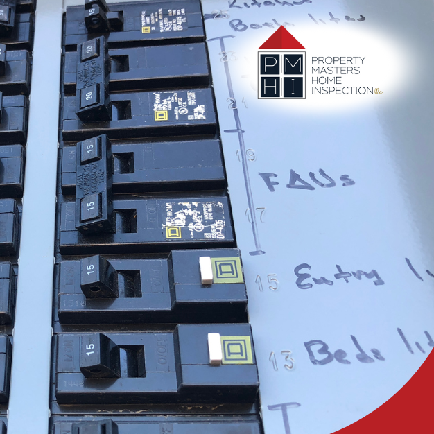 Close-up of a labeled electrical breaker panel.