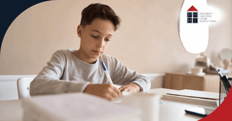 Focused boy writing at a desk in a bright room.