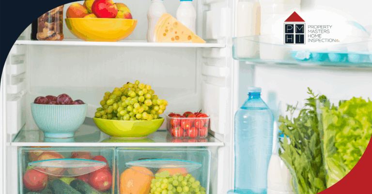Refrigerator shelf with bowls of grapes, plums, tomatoes, and other fresh produce.
