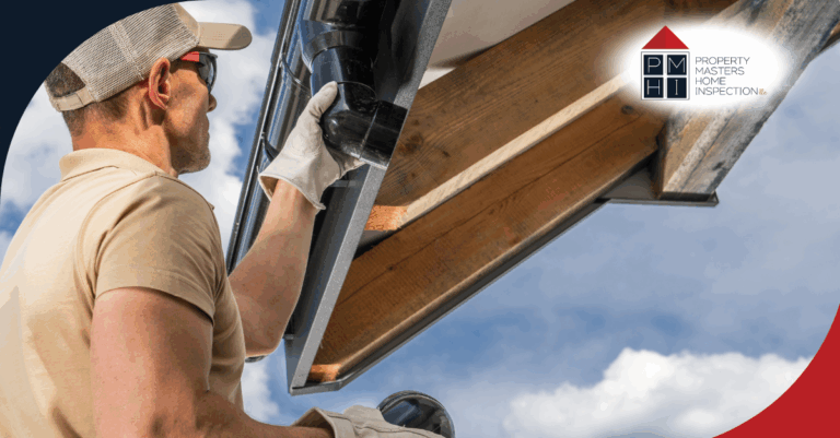 Inspector inspecting the downspout of a roof gutter.