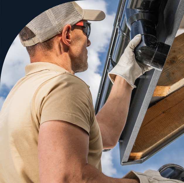 Inspector inspecting the downspout of a roof gutter.