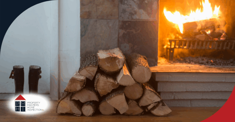 A stack of firewood sits next to a wood-burning fireplace, with flames burning brightly in the background.