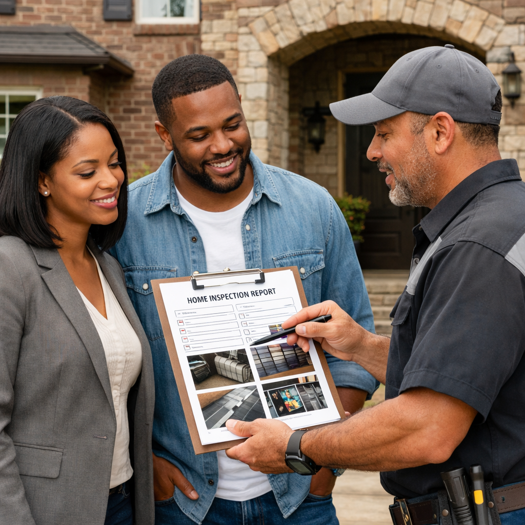 Property Masters home inspector explaining inspection findings to buyers and their real estate agent outside a brick home