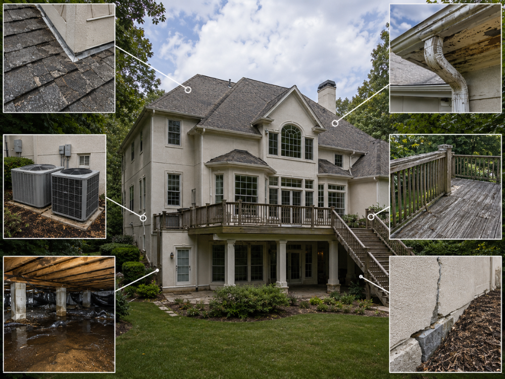 Johns Creek GA executive home showing common inspection areas including aging roof shingles, HVAC systems, deck deterioration, crawl space moisture, and foundation cracking.