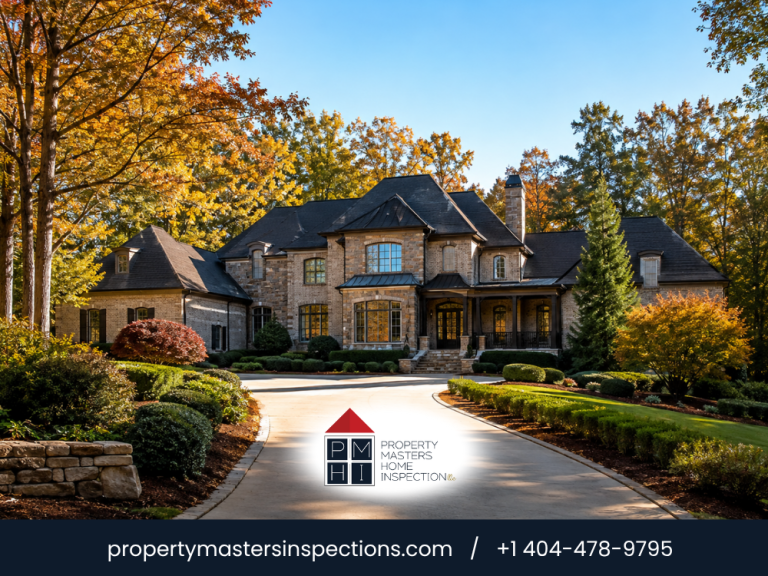 Luxury executive home in Johns Creek GA surrounded by mature trees during fall, representing a professional home inspection in North Fulton County.